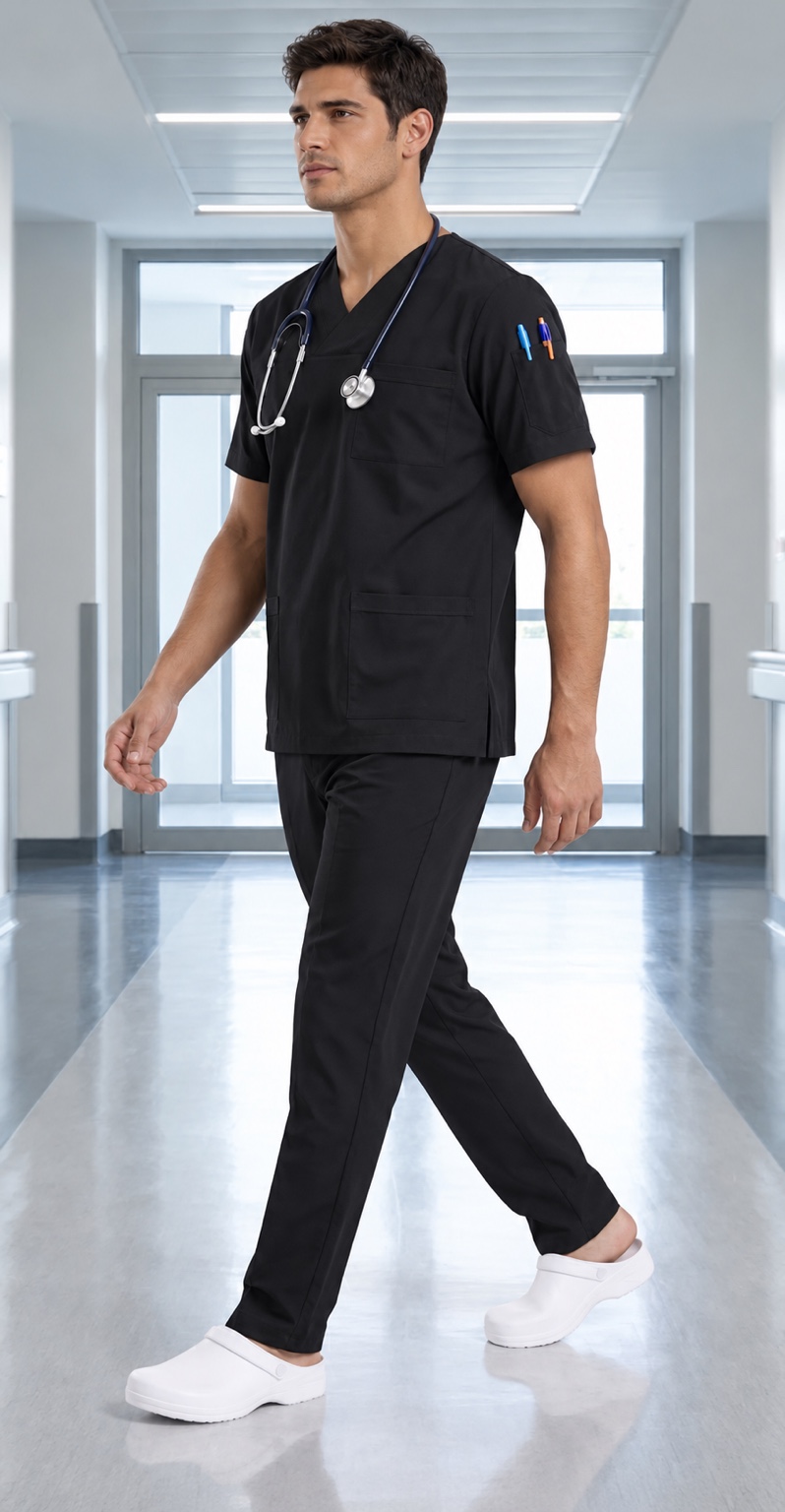 Man wearing a professional black medical scrub set
