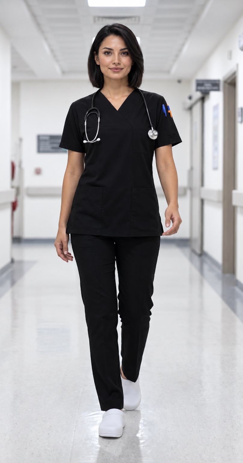 Woman wearing a professional black medical scrub set in a hospital corridor